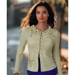 Anthropologie Odille Cardigan Size Medium Butter Embroidered Buttons Slim FIt